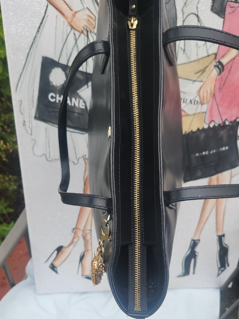 Kate Spade Black Leather Tote EUC w Free Unbranded Gold Cat Charm - Picture 12 of 12
